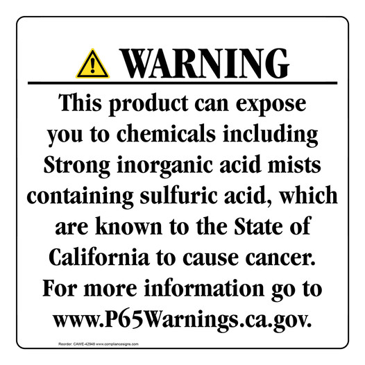 California Prop 65 Consumer Product Warning Sign: Strong inorganic acid mists