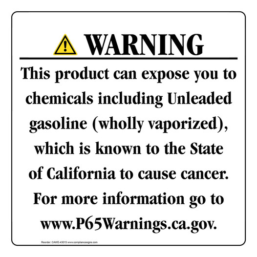 California Prop 65 Consumer Product Warning Sign: Unleaded gasoline