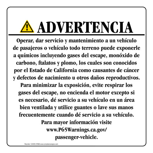 California Prop 65 Vehicle Warning Sign CAWS-37896