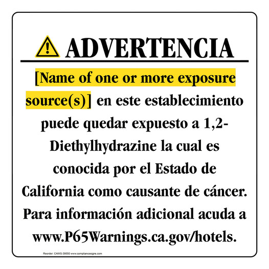 Spanish California Prop 65 Hotel Warning Sign CAWS-39550
