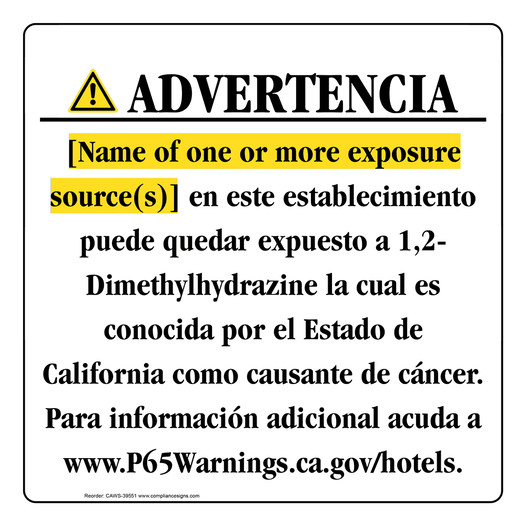 Spanish California Prop 65 Hotel Warning Sign CAWS-39551