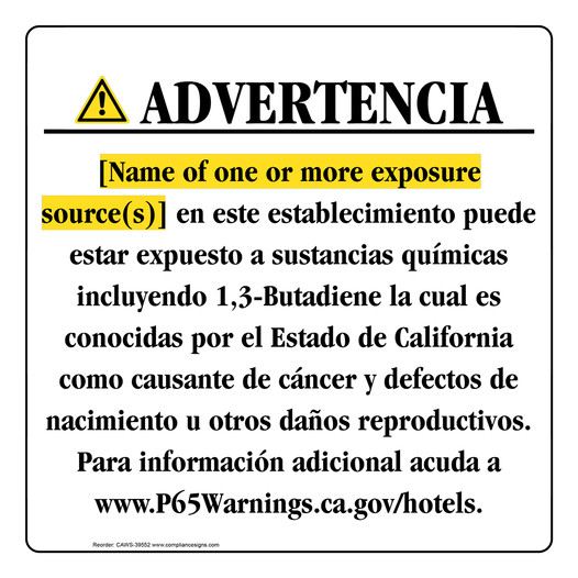 Spanish California Prop 65 Hotel Warning Sign CAWS-39552