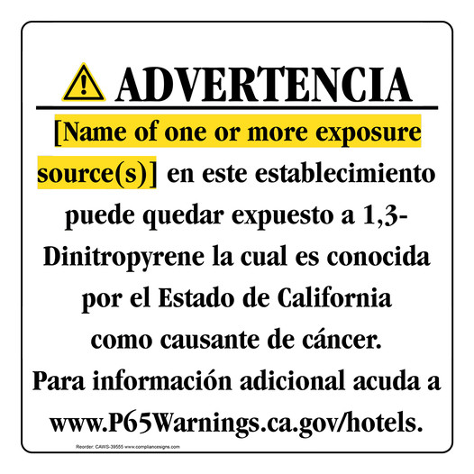 Spanish California Prop 65 Hotel Warning Sign CAWS-39555