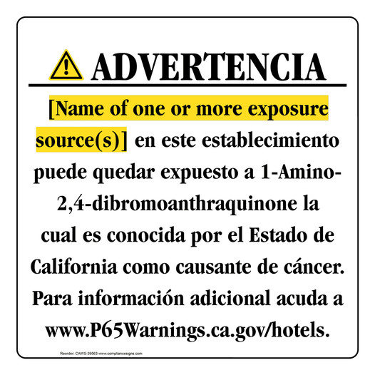Spanish California Prop 65 Hotel Warning Sign CAWS-39563