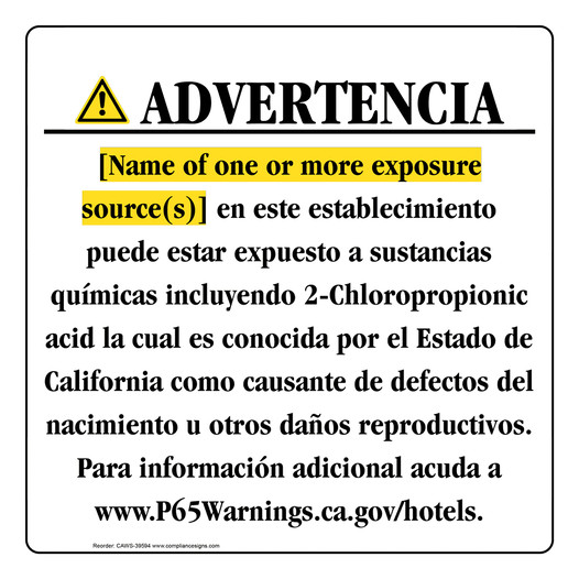 Spanish California Prop 65 Hotel Warning Sign CAWS-39594