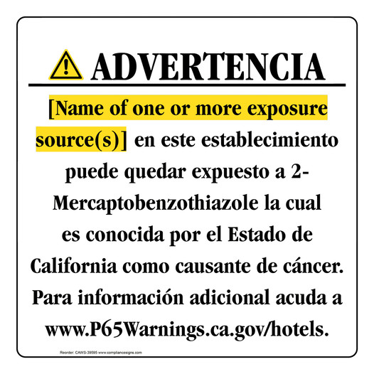 Spanish California Prop 65 Hotel Warning Sign CAWS-39595