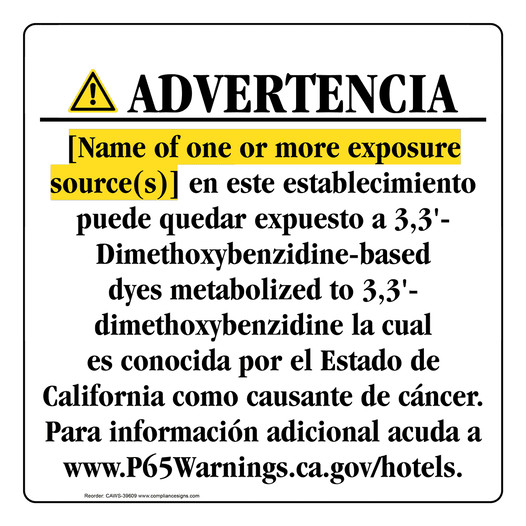 Spanish California Prop 65 Hotel Warning Sign CAWS-39609