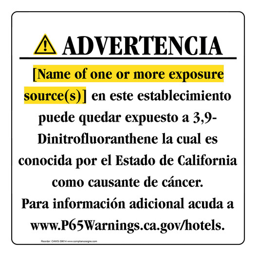 Spanish California Prop 65 Hotel Warning Sign CAWS-39614