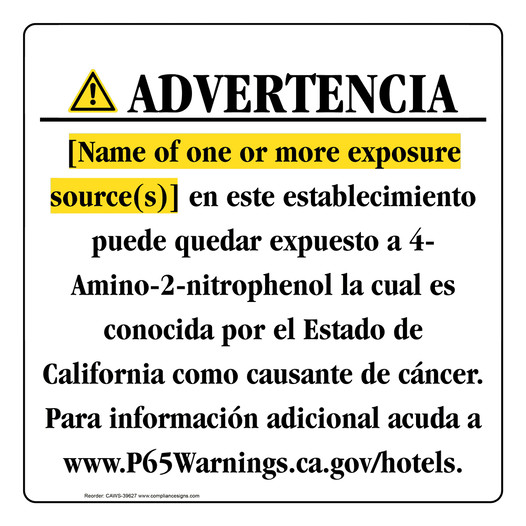 Spanish California Prop 65 Hotel Warning Sign CAWS-39627