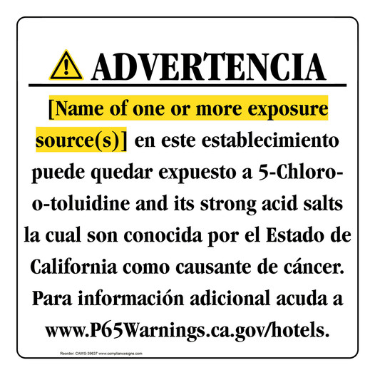 Spanish California Prop 65 Hotel Warning Sign CAWS-39637