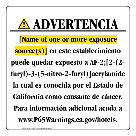Spanish California Prop 65 Hotel Warning Sign CAWS-39656