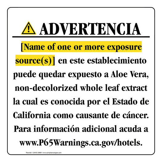 Spanish California Prop 65 Hotel Warning Sign CAWS-39661