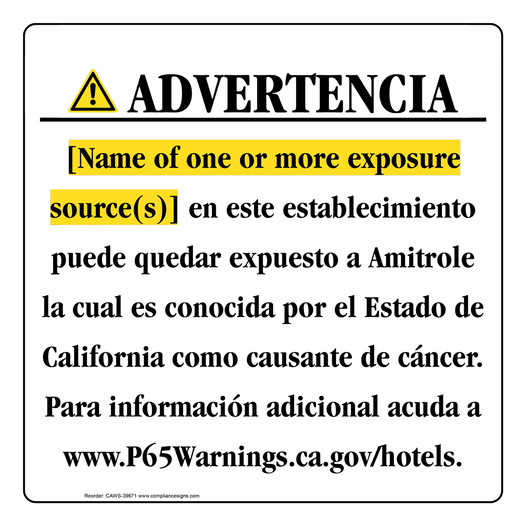 Spanish California Prop 65 Hotel Warning Sign CAWS-39671