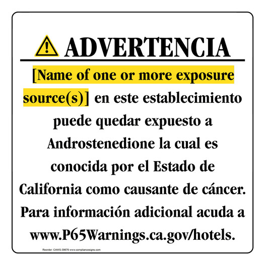Spanish California Prop 65 Hotel Warning Sign CAWS-39676
