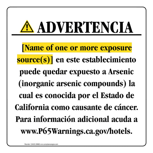 Spanish California Prop 65 Hotel Warning Sign CAWS-39686