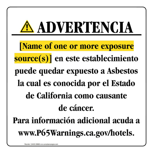 Spanish California Prop 65 Hotel Warning Sign CAWS-39688