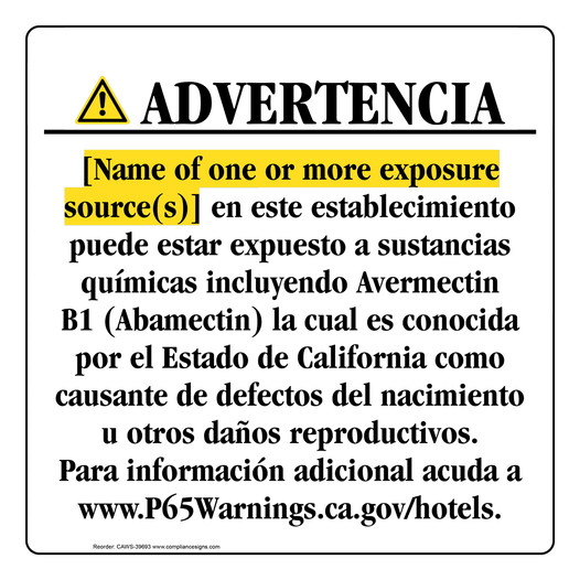 Spanish California Prop 65 Hotel Warning Sign CAWS-39693