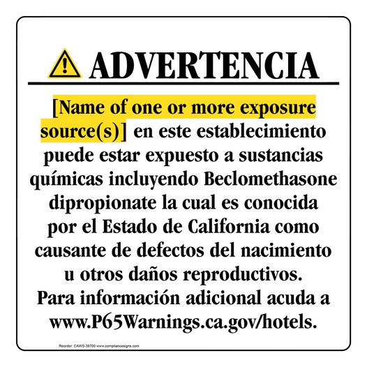Spanish California Prop 65 Hotel Warning Sign CAWS-39700
