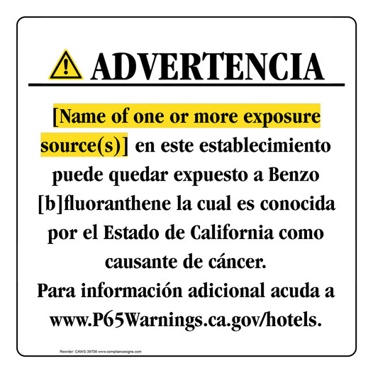 Spanish California Prop 65 Hotel Warning Sign CAWS-39708