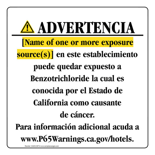 Spanish California Prop 65 Hotel Warning Sign CAWS-39714