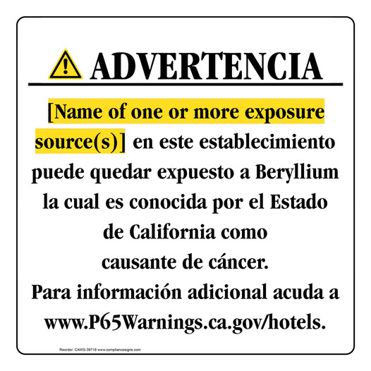 Spanish California Prop 65 Hotel Warning Sign CAWS-39718