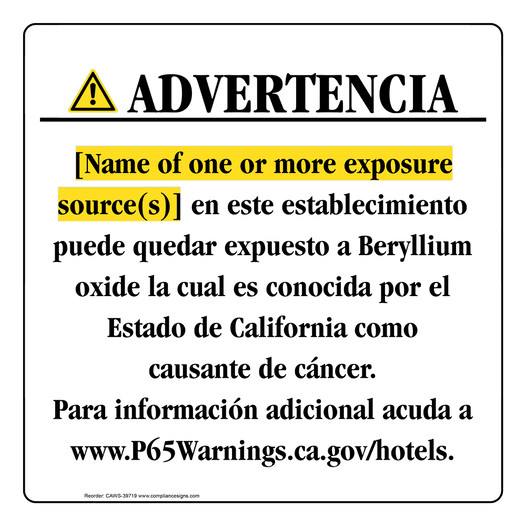 Spanish California Prop 65 Hotel Warning Sign CAWS-39719