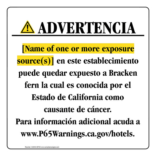 Spanish California Prop 65 Hotel Warning Sign CAWS-39732
