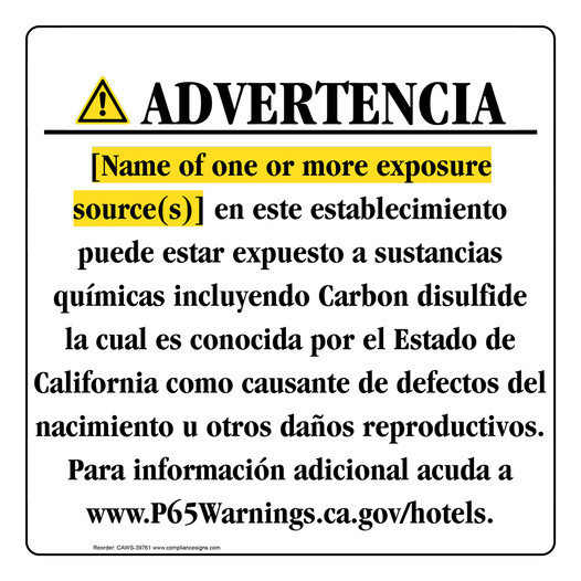 Spanish California Prop 65 Hotel Warning Sign CAWS-39761