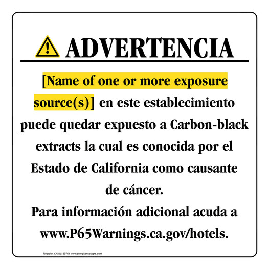 Spanish California Prop 65 Hotel Warning Sign CAWS-39764