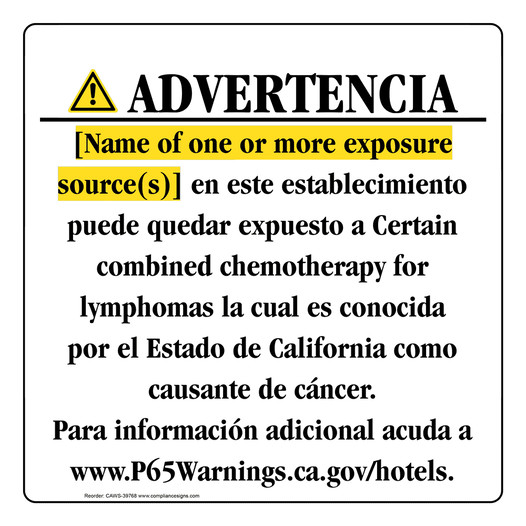 Spanish California Prop 65 Hotel Warning Sign CAWS-39768