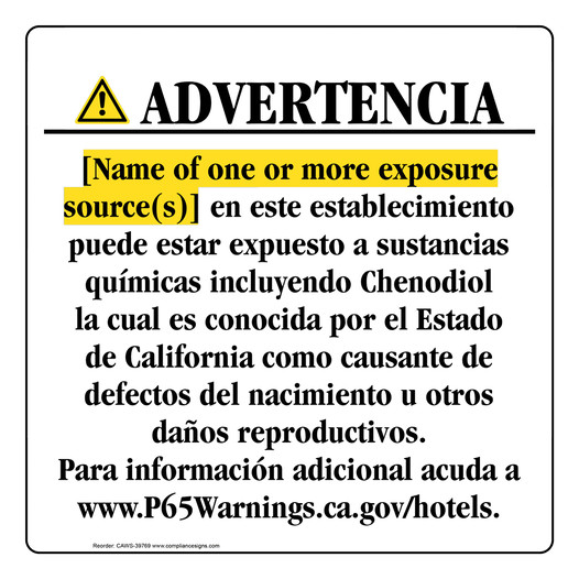 Spanish California Prop 65 Hotel Warning Sign CAWS-39769