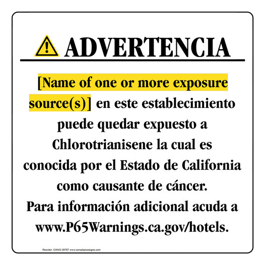 Spanish California Prop 65 Hotel Warning Sign CAWS-39787