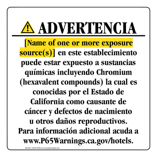 Spanish California Prop 65 Hotel Warning Sign CAWS-39790