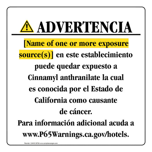 Spanish California Prop 65 Hotel Warning Sign CAWS-39794
