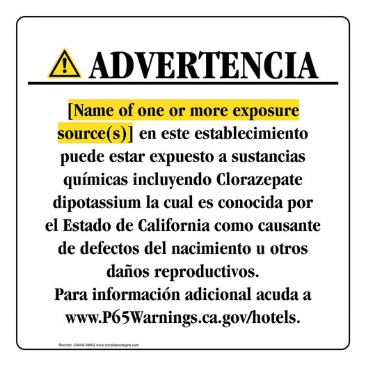 Spanish California Prop 65 Hotel Warning Sign CAWS-39802