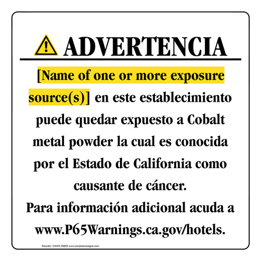 Spanish California Prop 65 Hotel Warning Sign CAWS-39805