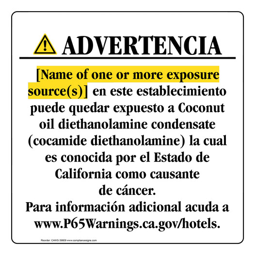 Spanish California Prop 65 Hotel Warning Sign CAWS-39809