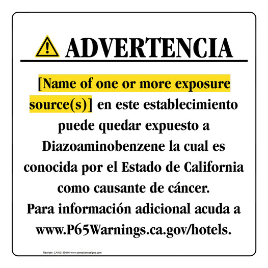 Spanish California Prop 65 Hotel Warning Sign CAWS-39846