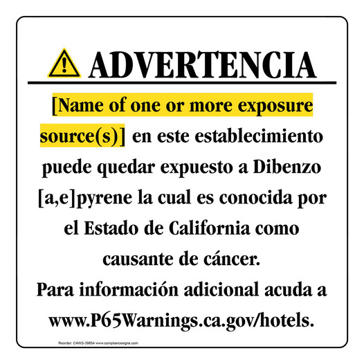 Spanish California Prop 65 Hotel Warning Sign CAWS-39854