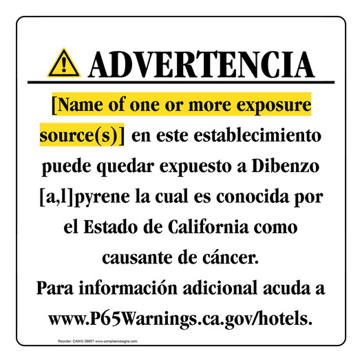 Spanish California Prop 65 Hotel Warning Sign CAWS-39857