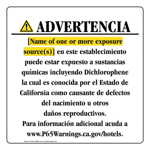Spanish California Prop 65 Hotel Warning Sign CAWS-39862