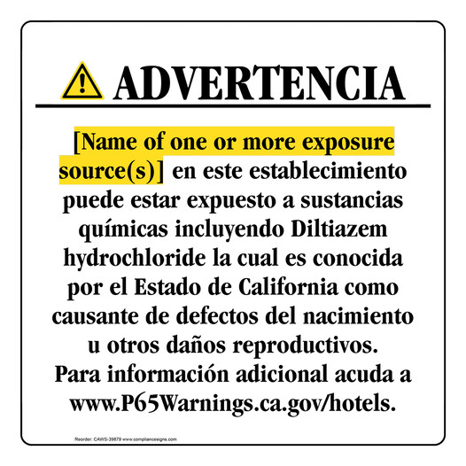 Spanish California Prop 65 Hotel Warning Sign CAWS-39879