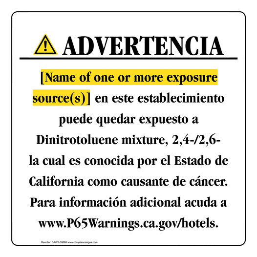 Spanish California Prop 65 Hotel Warning Sign CAWS-39886