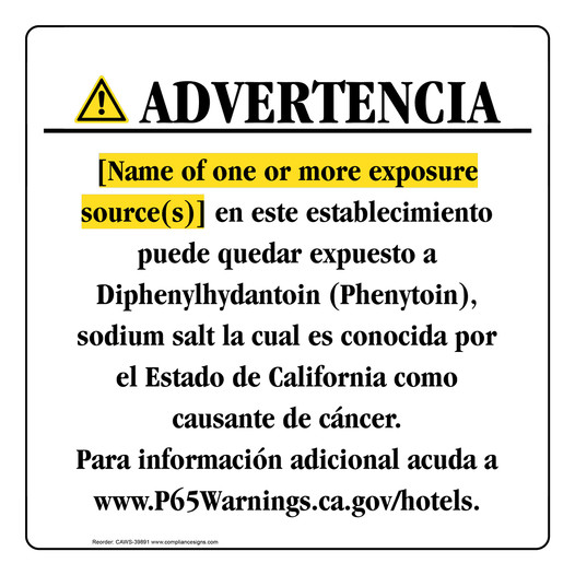 Spanish California Prop 65 Hotel Warning Sign CAWS-39891