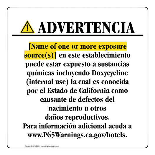 Spanish California Prop 65 Hotel Warning Sign CAWS-39899