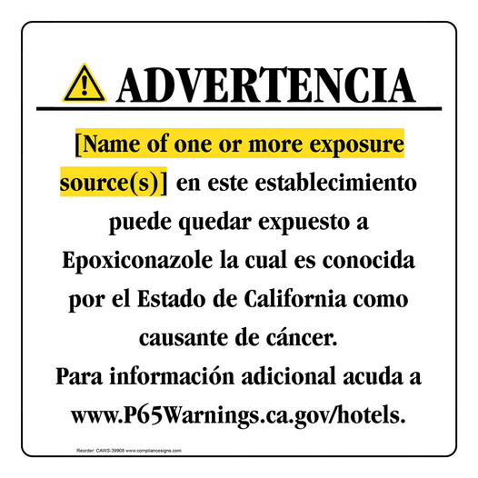 Spanish California Prop 65 Hotel Warning Sign CAWS-39908
