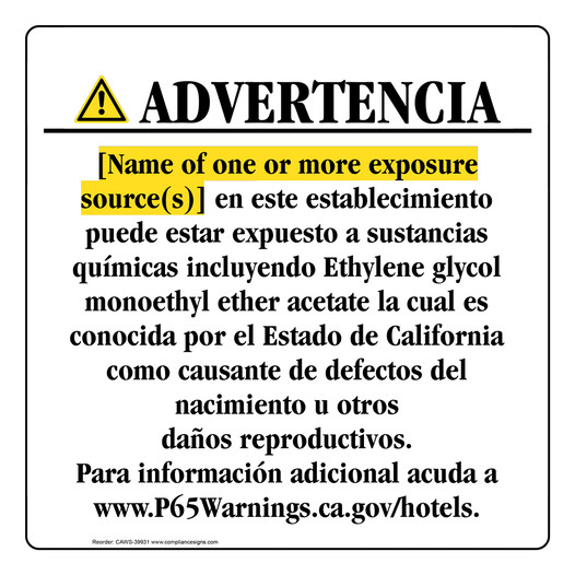 Spanish California Prop 65 Hotel Warning Sign CAWS-39931