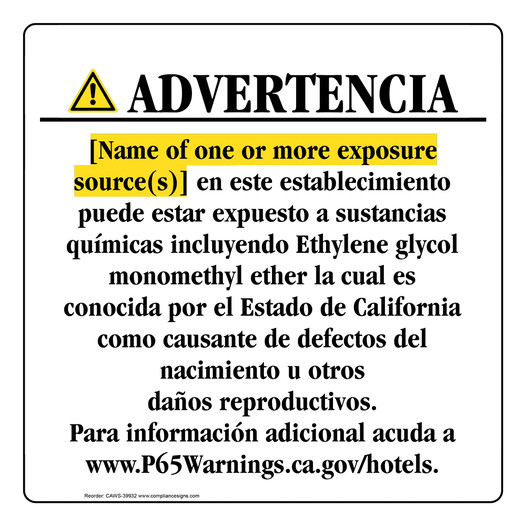 Spanish California Prop 65 Hotel Warning Sign CAWS-39932