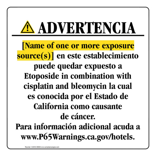Spanish California Prop 65 Hotel Warning Sign CAWS-39939