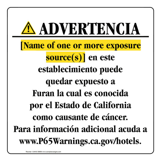 Spanish California Prop 65 Hotel Warning Sign CAWS-39956